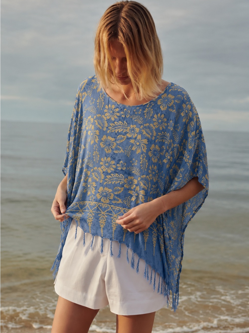 Vintage Blue Batik Rayon Kaftan Poncho Fringe Top OSFM Boho